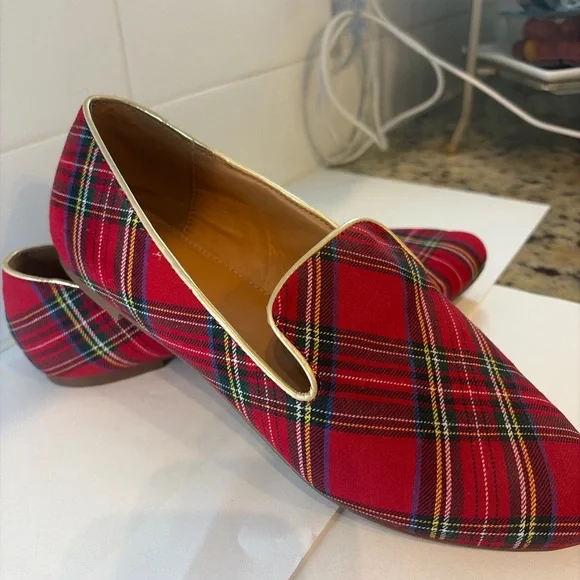 J.Crew Tartan Plaid Smoking Slipper Loafers Royal Stewart Red Flats Size 8.5 - Picture 5 of 8